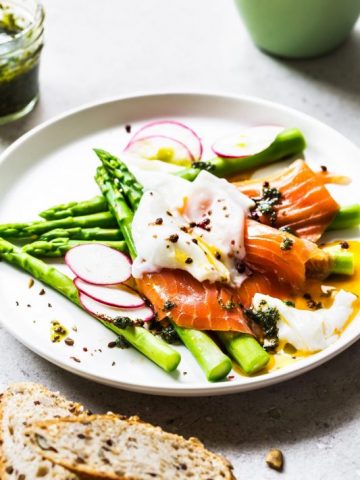 Smoked Salmon with Poached Egg, Roe, & Asparagus