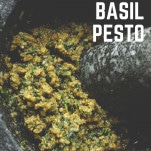 pesto in a mortar with pestle