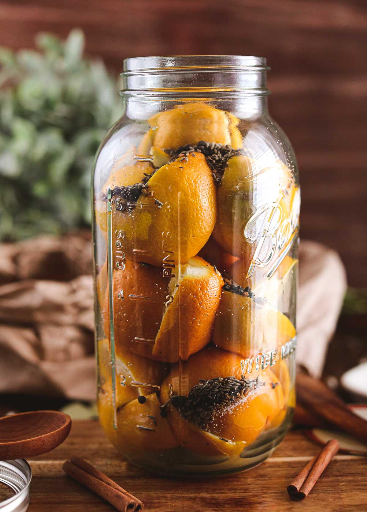 A large glass jar completely full to the top with whole meyer lemons which have been quartered but not completely severed. Spices can be seen interspersed with the lemons.