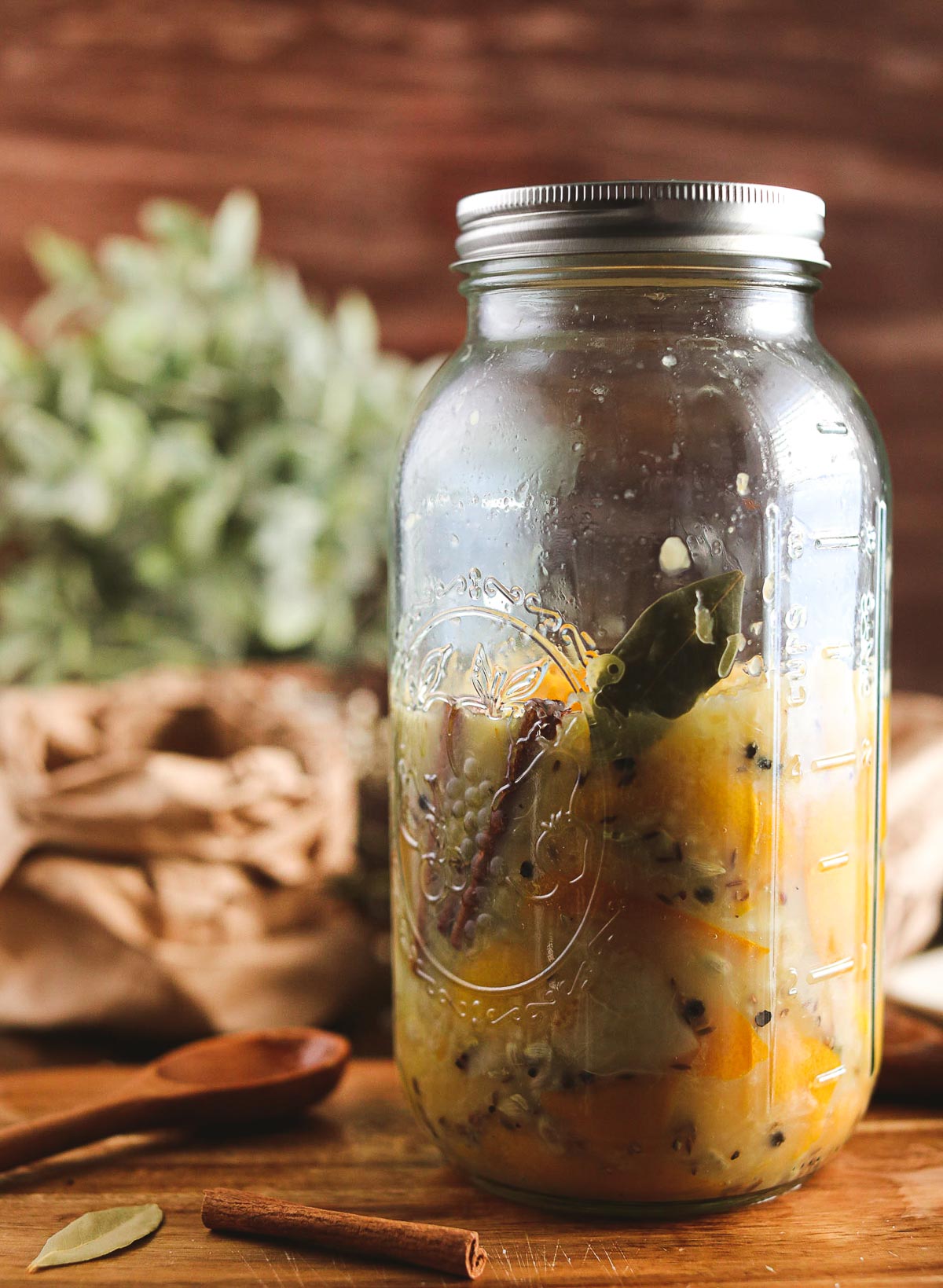 A large glass jar half full of muddled, smushed sliced meyer lemons and other ingredients like herbs and spices. The jar is getting ready to be fermented and preserved. It is on a wooden table and small white flowers can be seen behind.