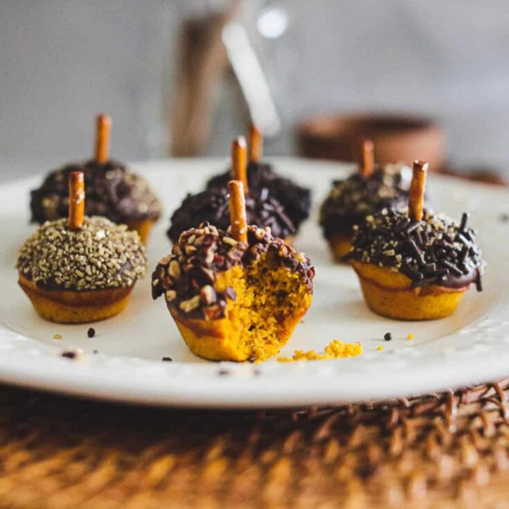 mini sourdough pumpkin muffins dipped in chocolate on a white plate