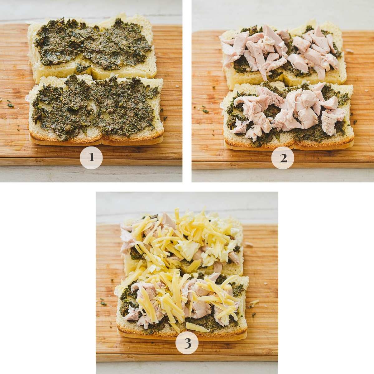 Brushing the bottom halves evenly with pesto, then layer on the shredded meat followed by a generous sprinkle of cheese.