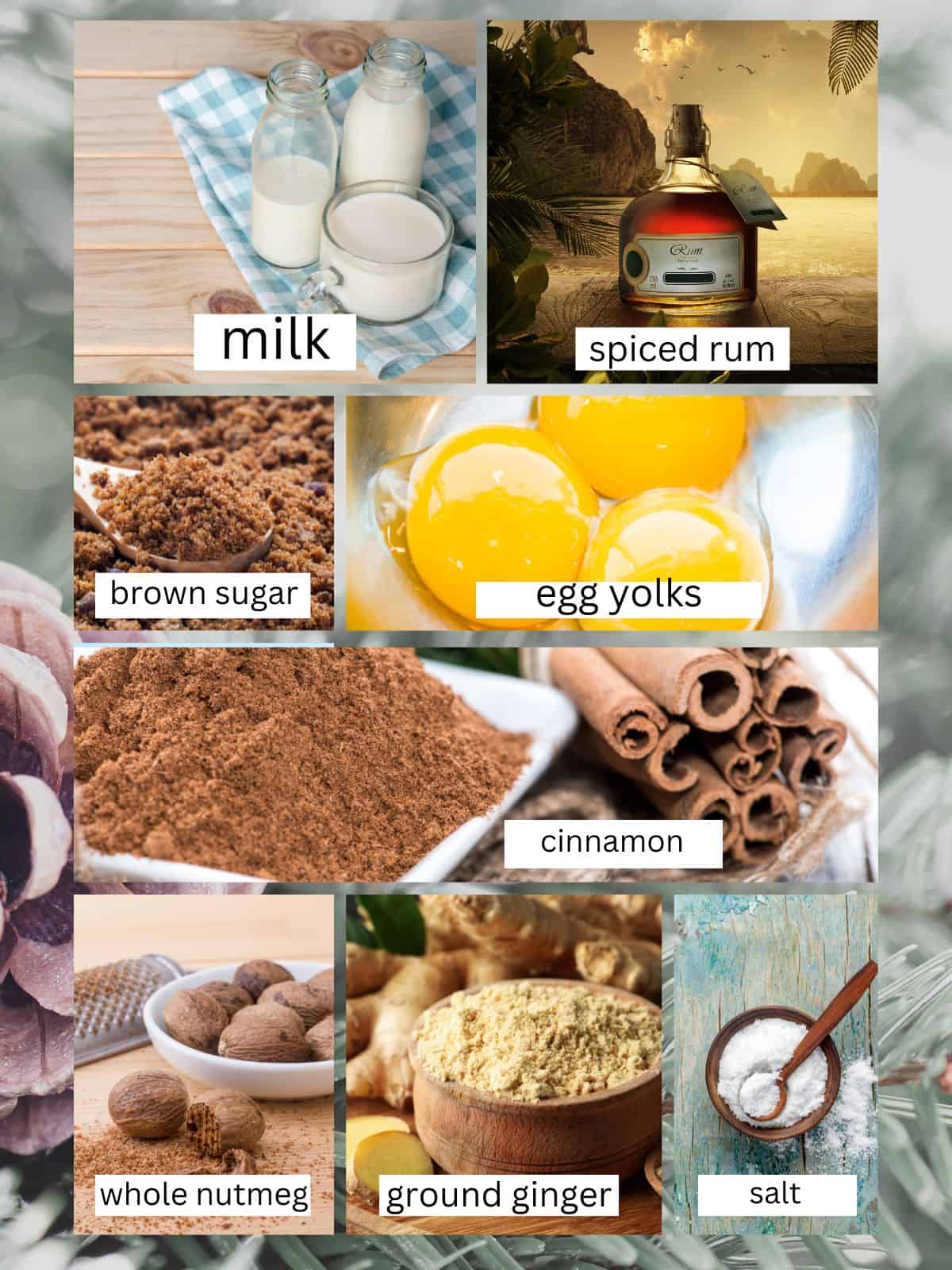 a picture of all of the ingredients needed to make aged eggnog.