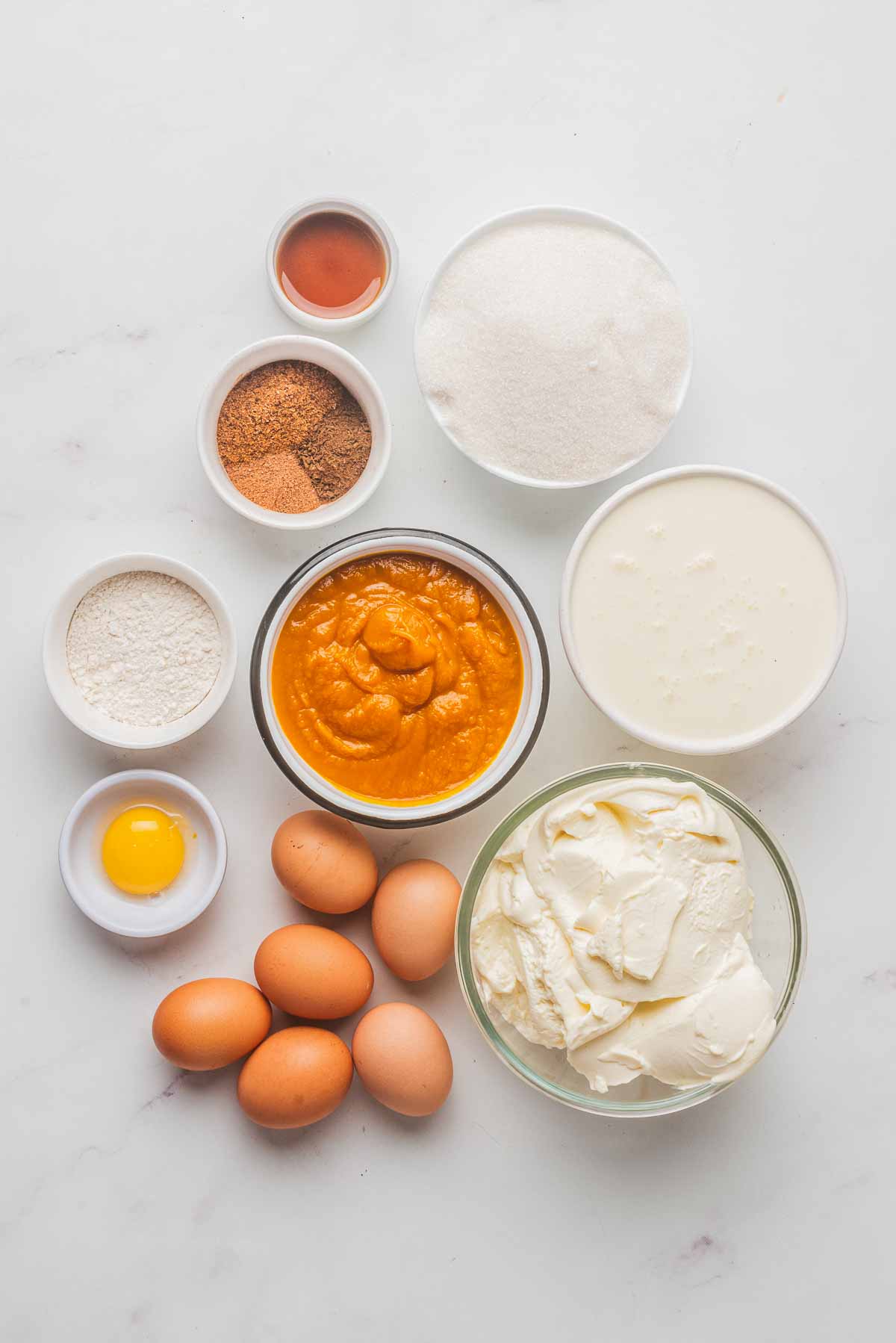 An overhead shot showing all of the ingredients needed to make burnt Basque pumpkin spice cheesecake.