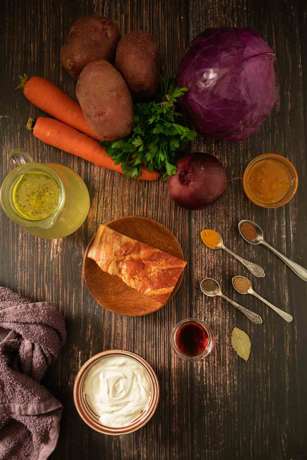 All of the ingredients needed to make this red cabbage soup.