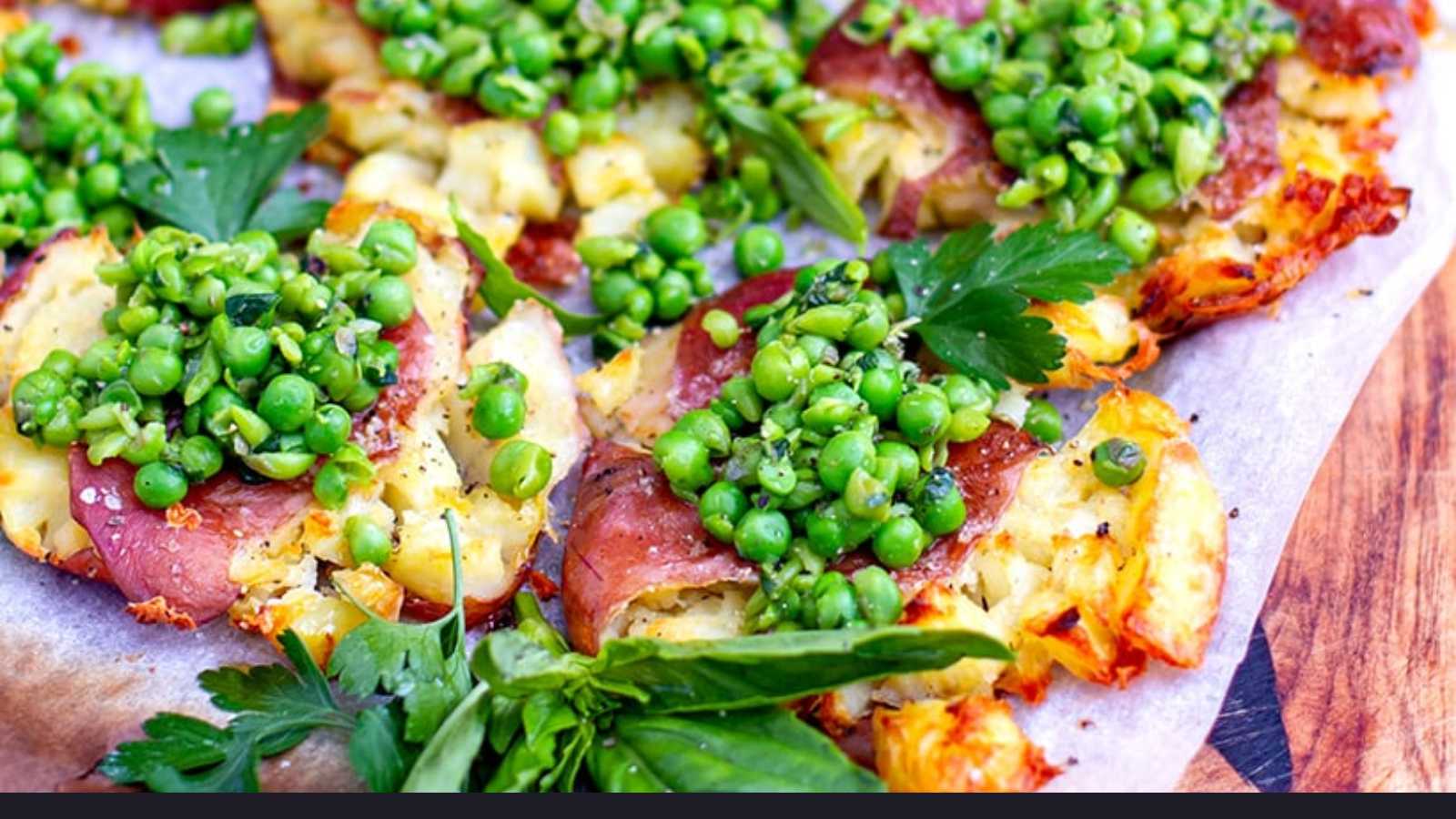 Smashed potatoes topped with a vibrant and tangy salsa verde.