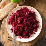 A large plate full of shredded and braised red cabbage or rotkohl.
