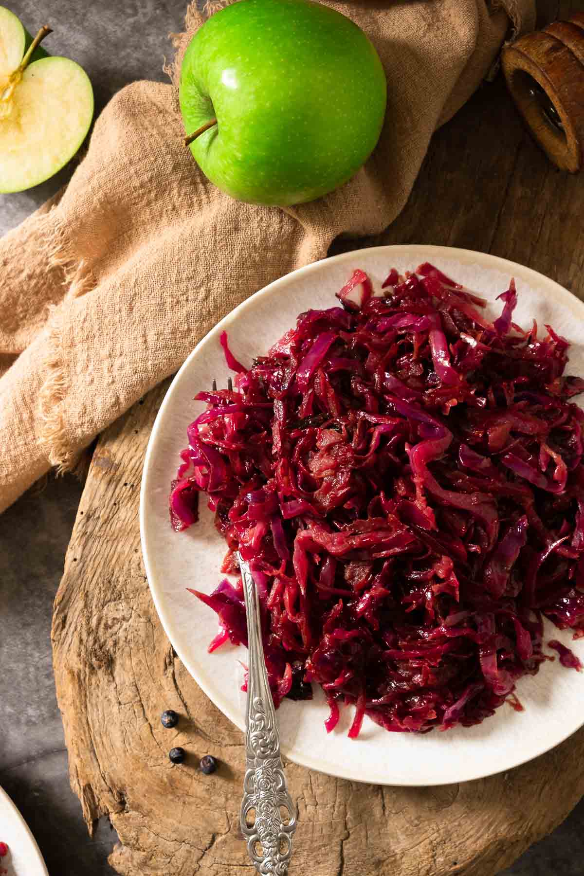 A large plate full of shredded and braised red cabbage or rotkohl.