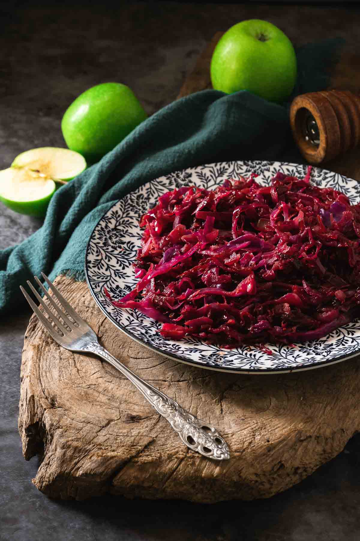 A large plate full of shredded and braised red cabbage or rotkohl.