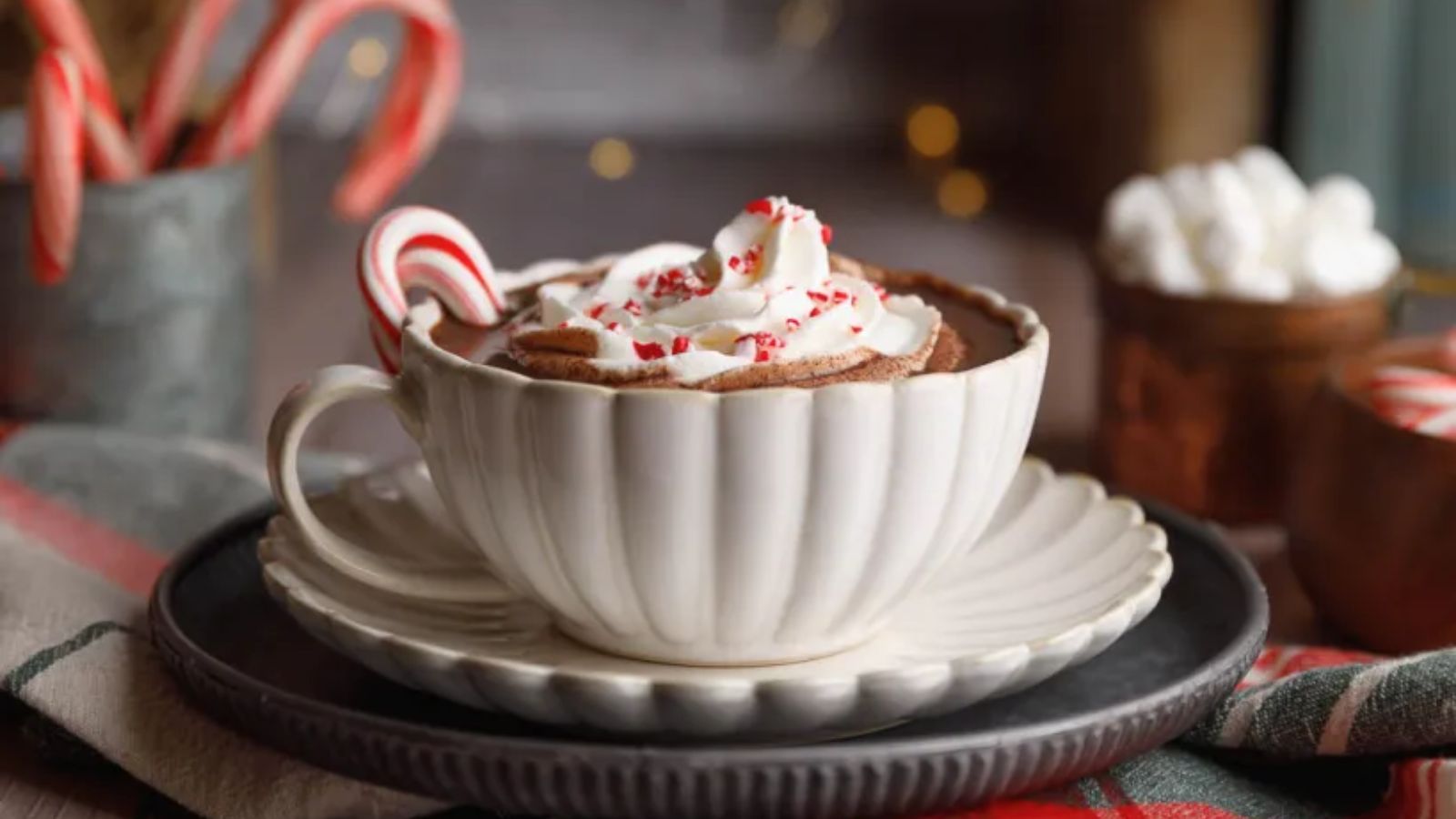 A cup of peppermint hot chocolate topped with whipped cream and crushed peppermint candies.