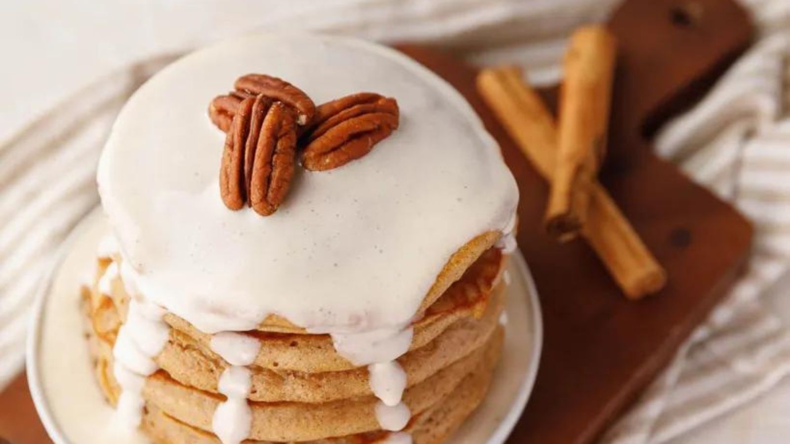 The most fluffy pancakes, with a hint of cinnamon and brown sugar and a cream cheese glaze.