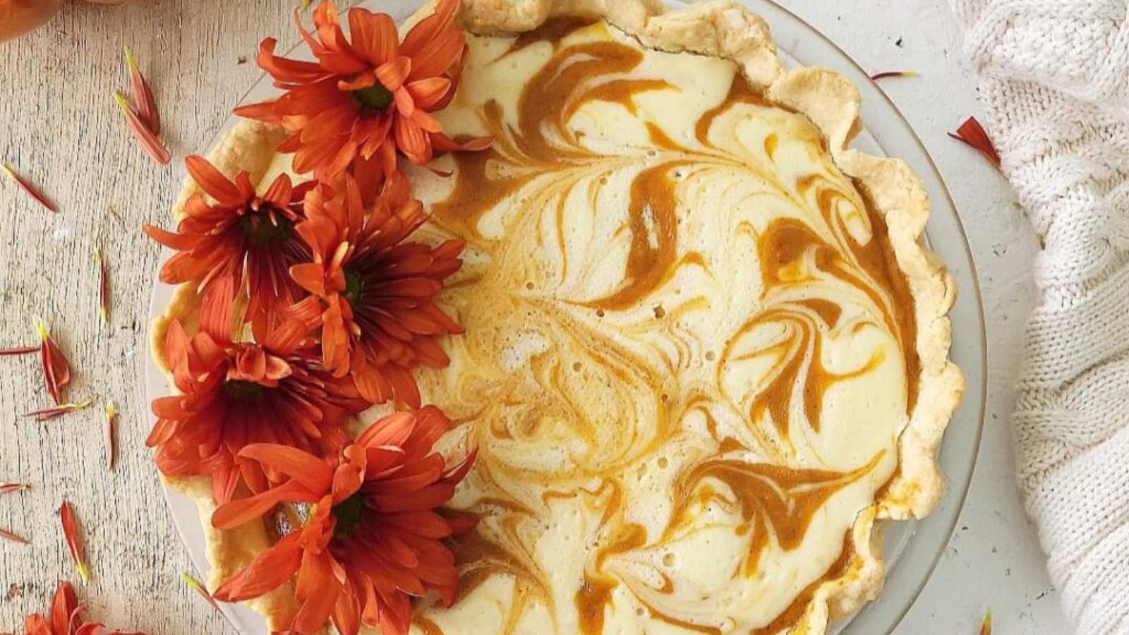 A cheese pumpkin pie blend of autumn flavors nestled in an all-butter crust with swirls of sweetened cream cheese and velvety pumpkin custard.