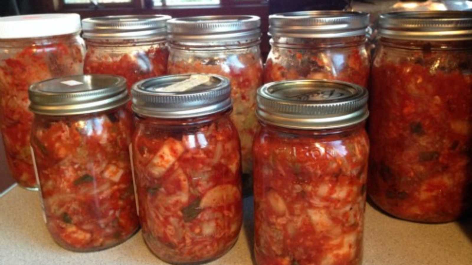 A jars of spicy kimchi.