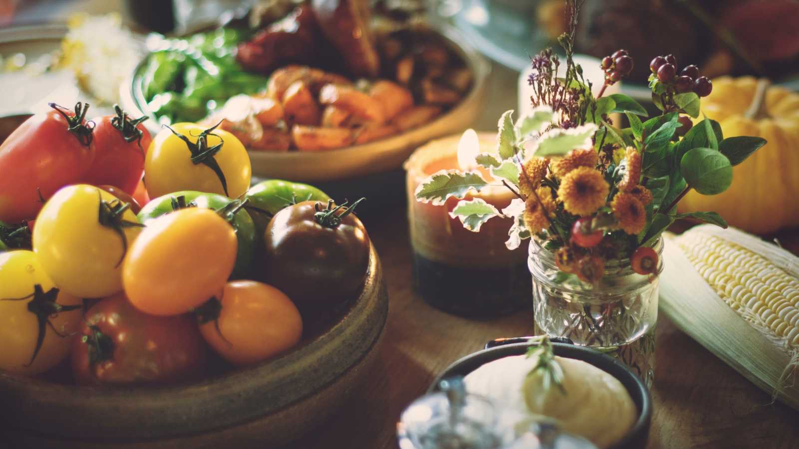 Colorful assortment of fresh fruits and vegetables on a table.