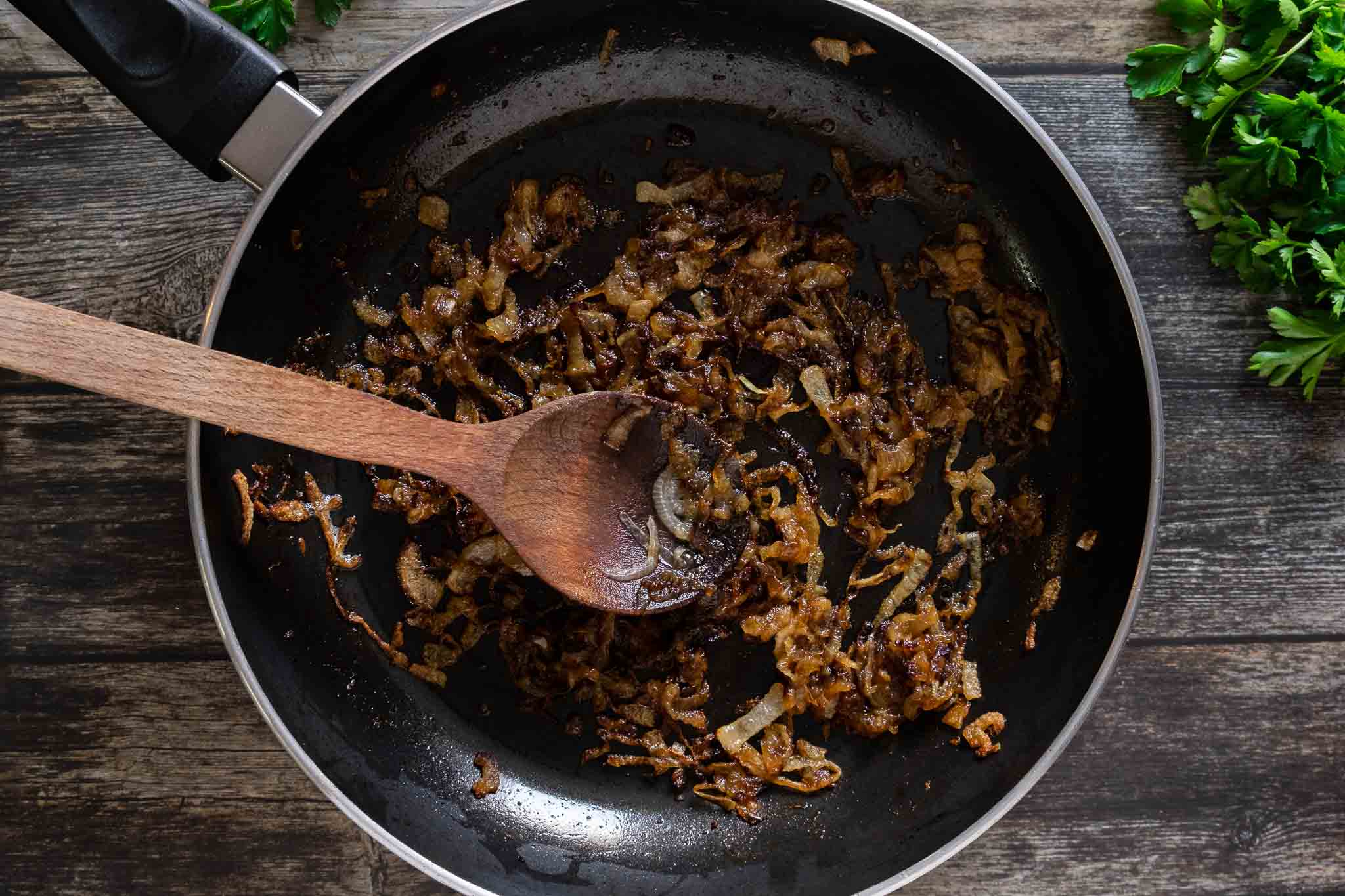 Deeply golden brown caramelized onions.