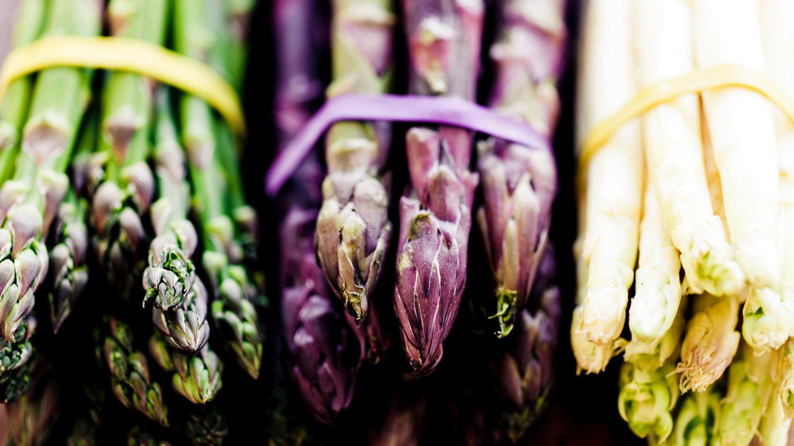 Green, white, and purple asparagus varieties.