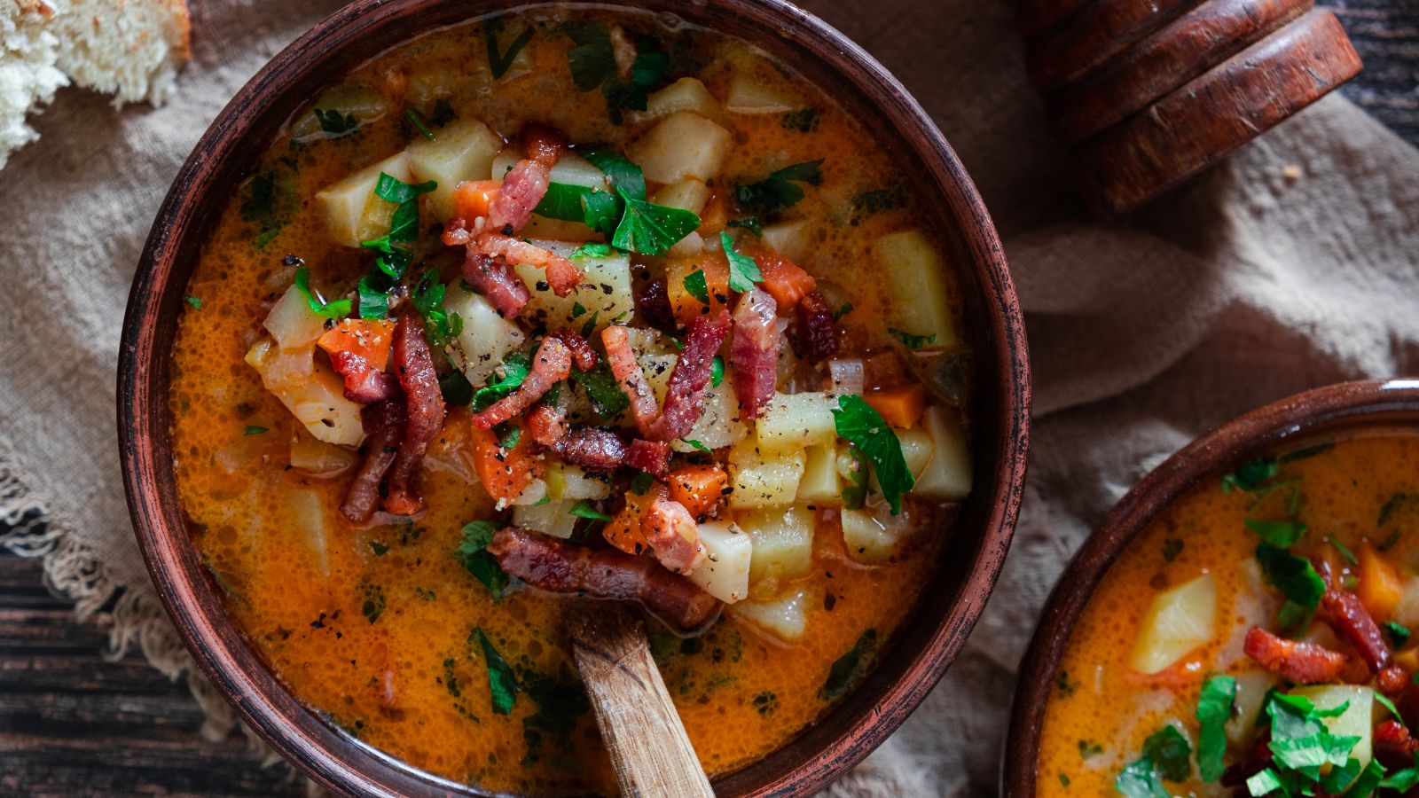 A bowl full of chunky, creamy German potato soup with lots of veggies and bacon.