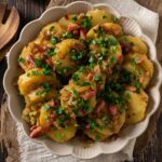 German potato salad covered in fresh chives and caramelized onions and bacon.