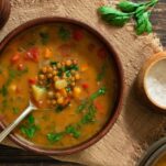 The lentil soup if full of potatoes, lentils, and veggies and is being ladled into a bowl.