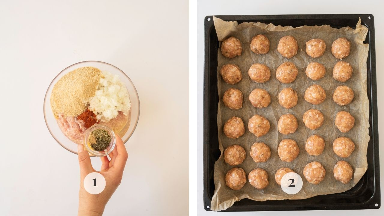 A bowl with chicken meatball ingredients as well as the finished raw meatballs.