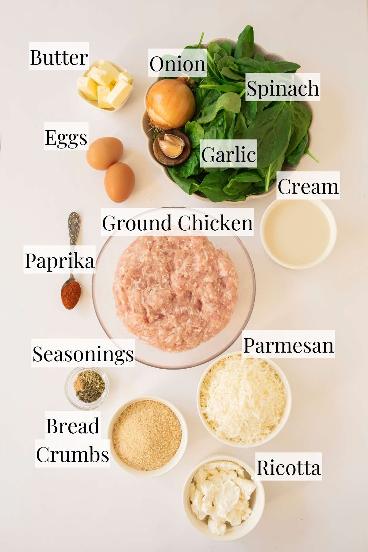 All of the ingredients needed to make the meatballs and the Alfredo sauce.
