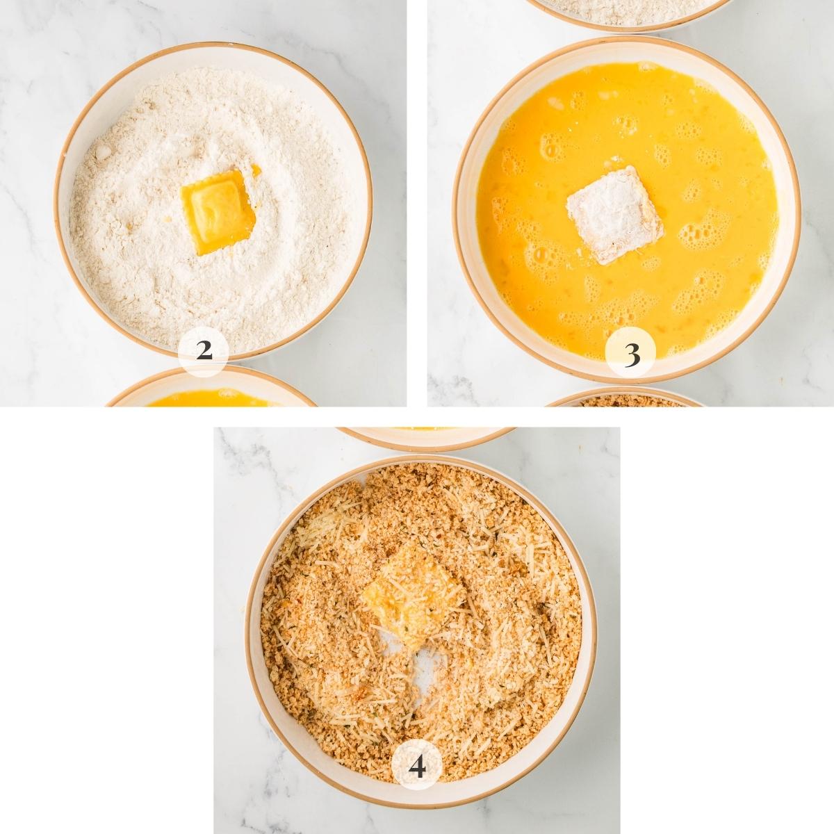 Ravioli being dipped into the flour, egg and breadcrumbs.