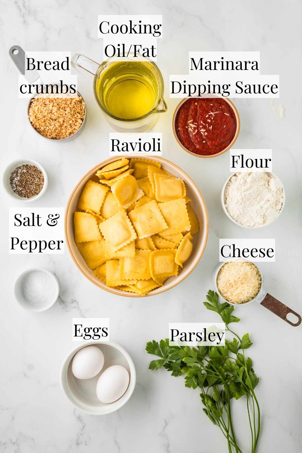 All of the ingredients needed to make these fried ravioli.