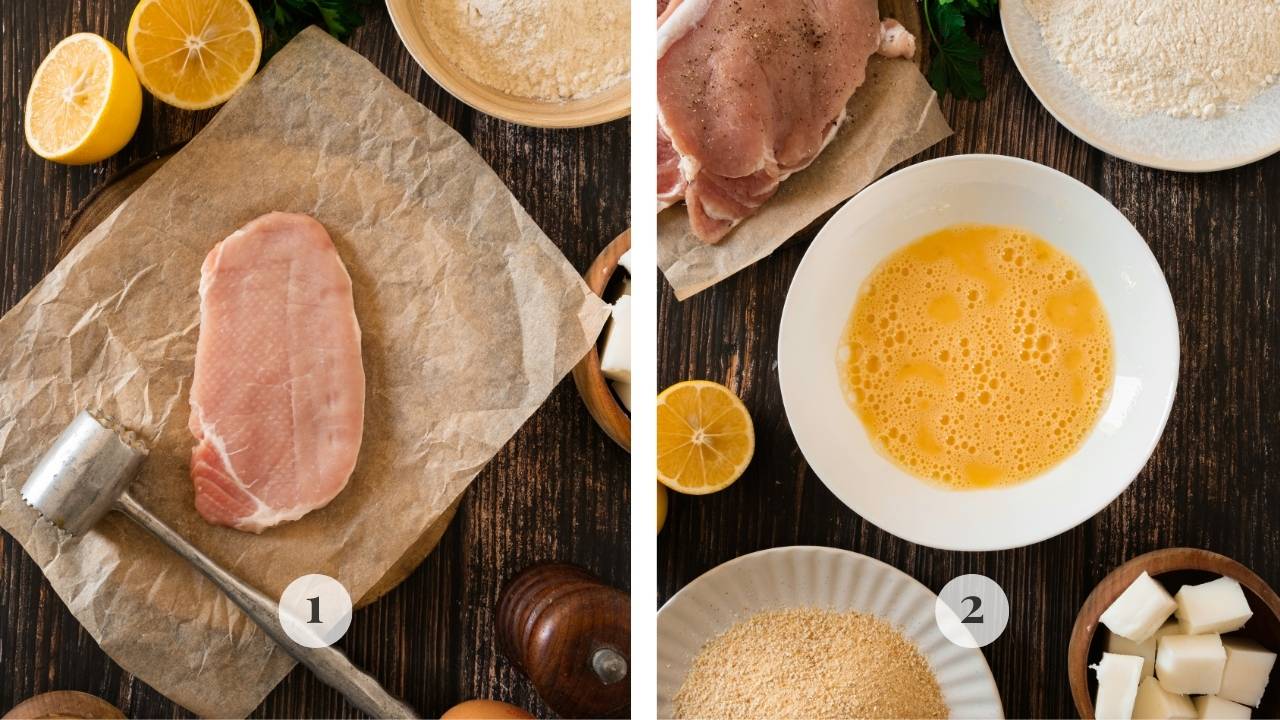 Pork chop being pounded to the correct thinness and the shallow bowls being set up for dipping.