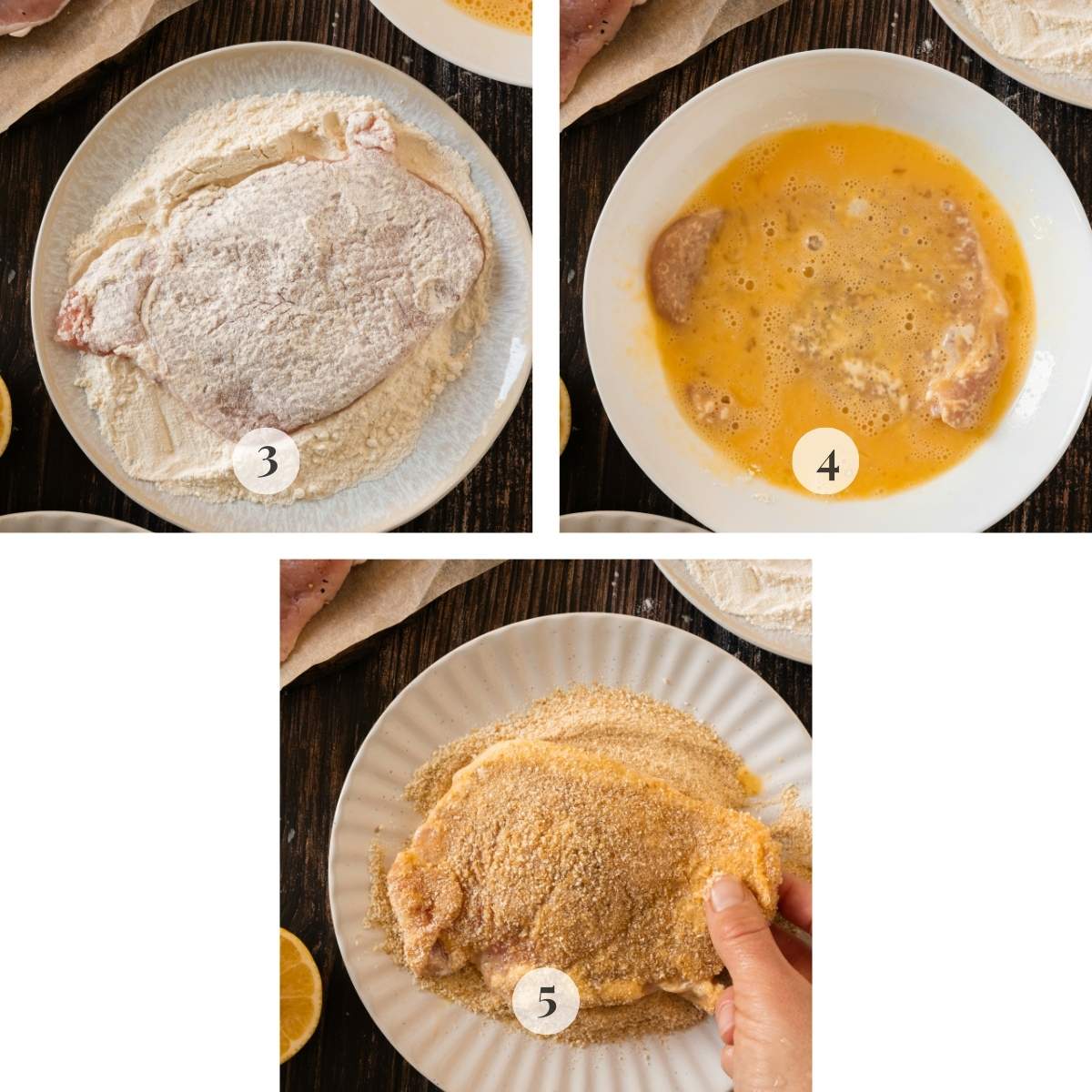 The pork cutlet being dipped first into flour, then egg, then breadcrumbs.