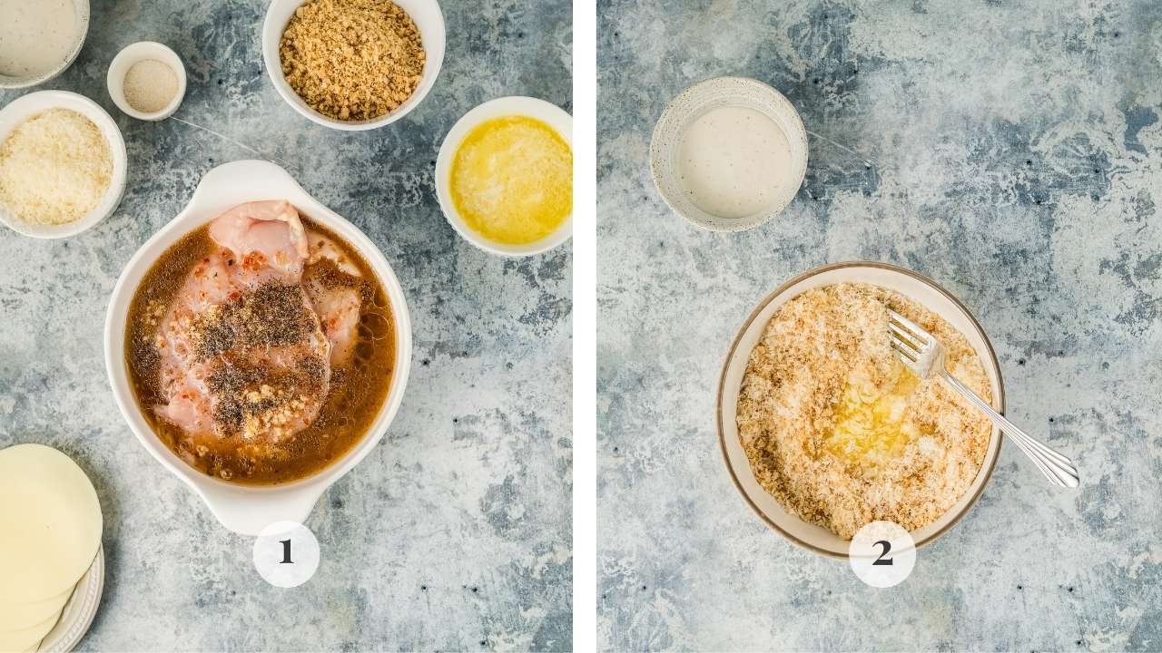 The chicken being marinated and the panko-parm mixture being created.
