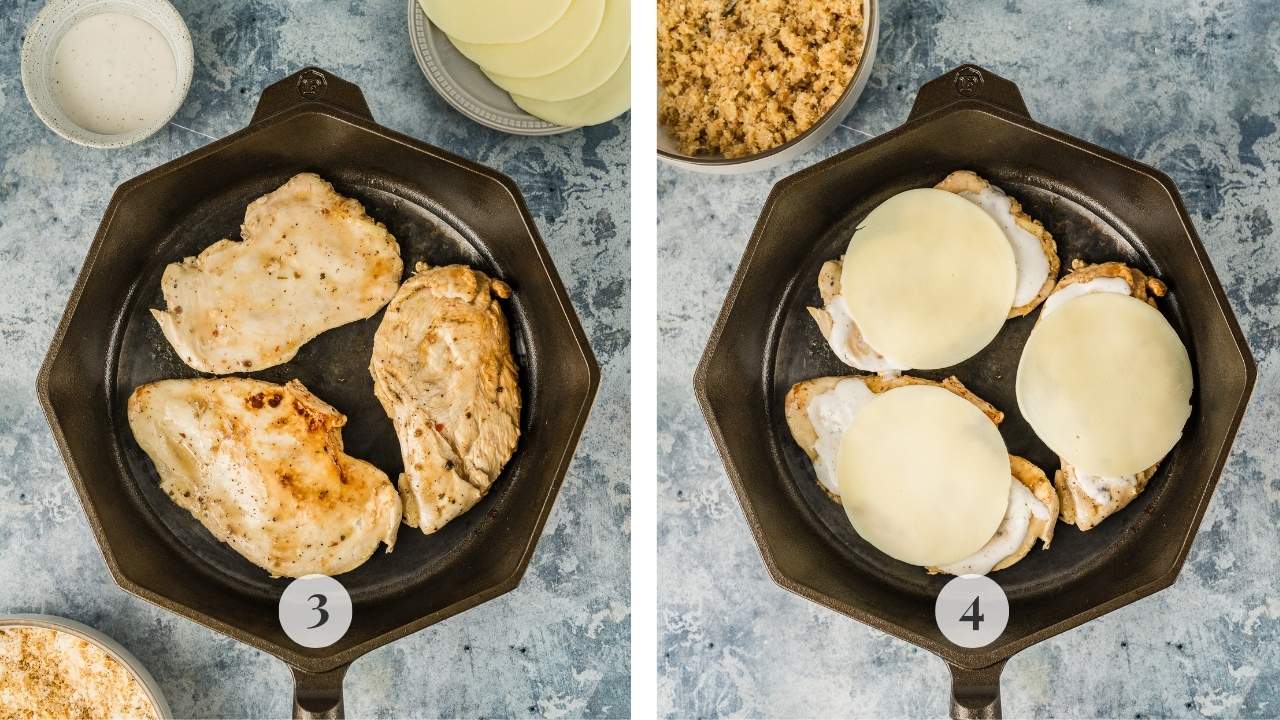 Three chicken breasts being seared in cast iron skillet and then topped with buttermilk ranch dressing, sliced provolone cheese placed and then smothered in panko-parmesan crust.