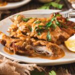 Crispy schnitzel covered in a rich and creamy mushroom gravy served on a plate.