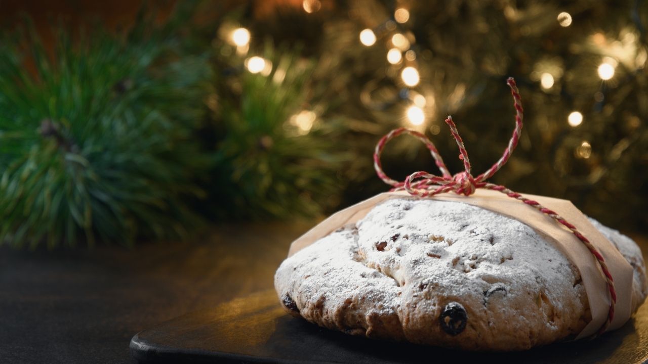 Christmas bread next to tree.
