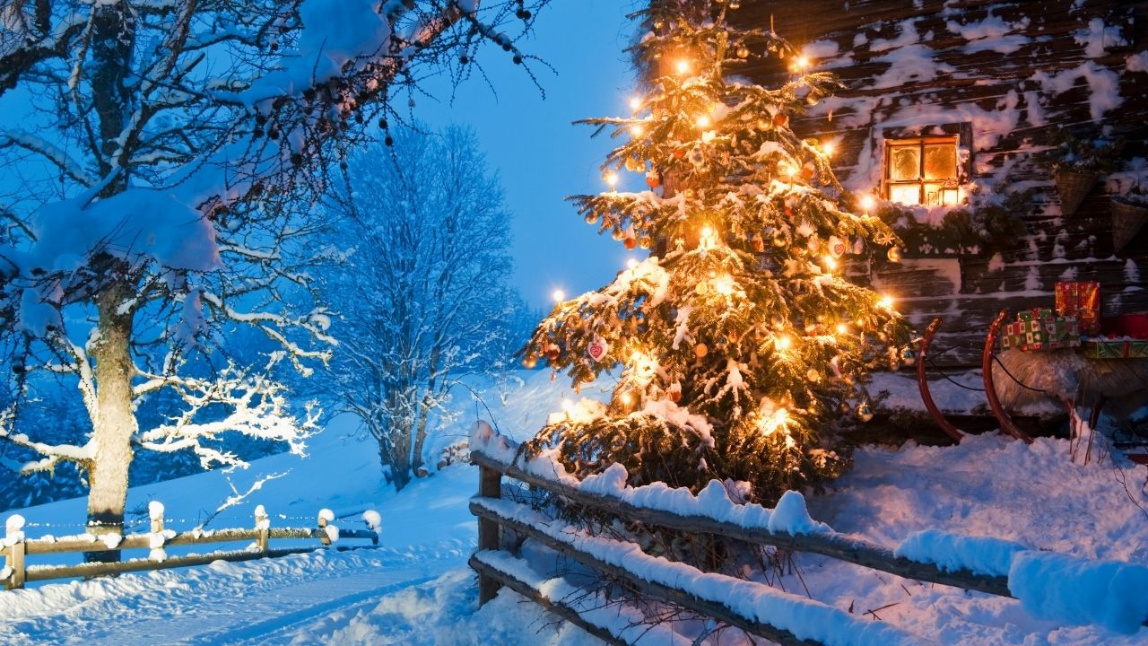 Christmas in the countryside at dusk.