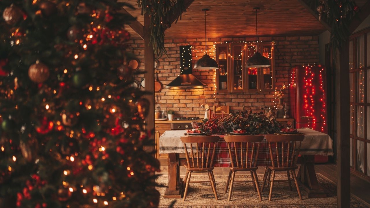 Christmastime in decorated home.