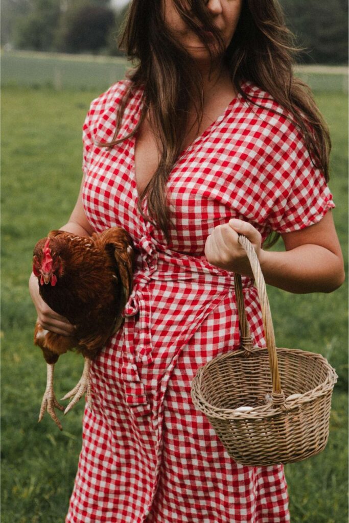 Jana Dziak wearing a red gingham dress and holding a brown chicken and basket of eggs.