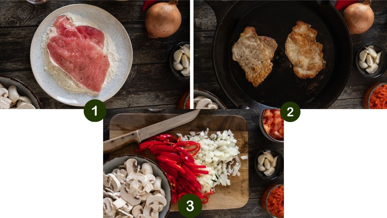 Three photos showing boneless pork chops being breaded and fried as well as mise en place of chopped and diced onions, peppers, and mushrooms.
