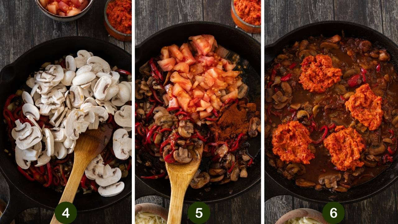 Three photos showing the process of the sauce being made and the veggies being cooked down.