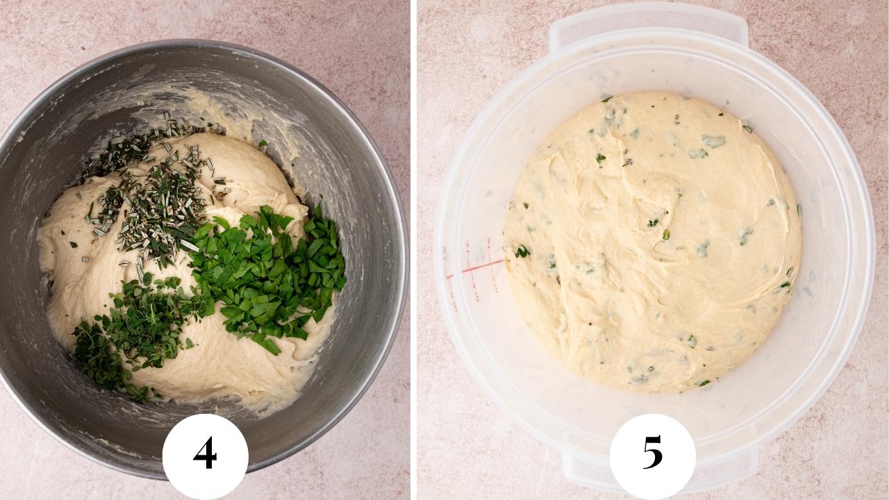 Fresh herbs added into the dough and then the dough is placed into a proofing bucket.