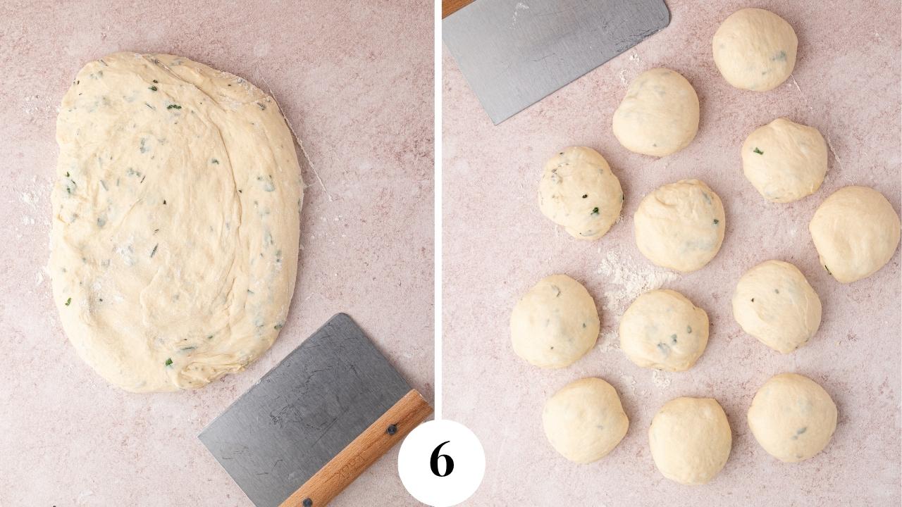 Dough is on the counter and then made into 15 even dinner roll balls.
