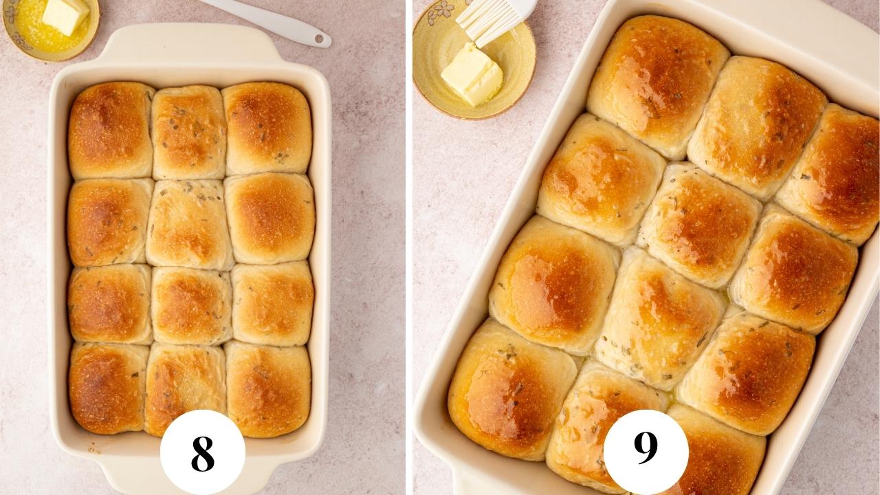 The finished baked dinner rolls are golden brown and brushed with melted butter.