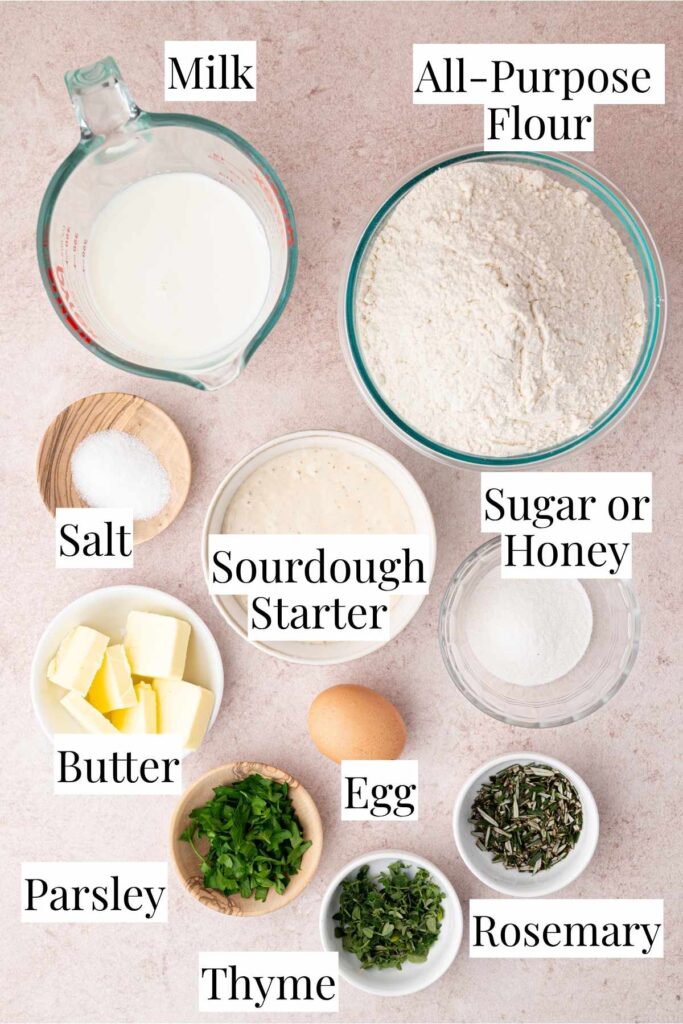 All of the ingredients needed to make these soft sourdough dinner rolls.