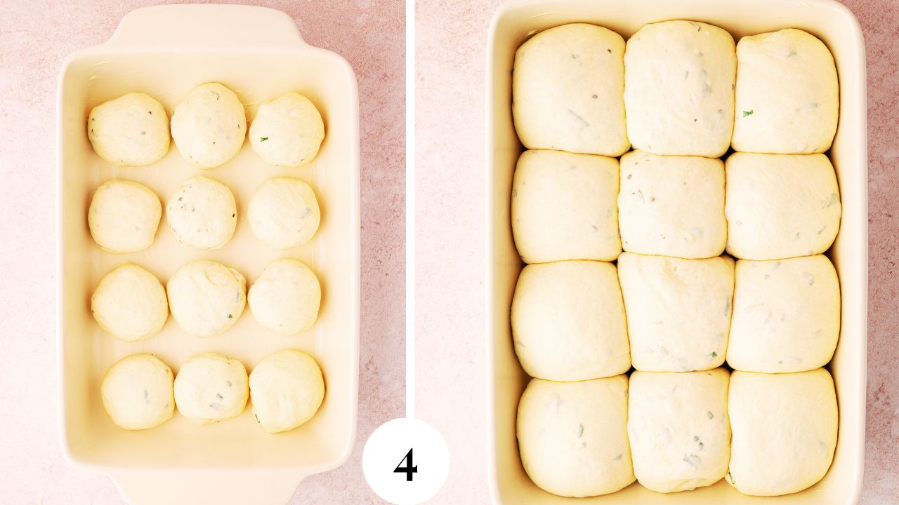 The slider bun dough balls are placed in the baking dish and then shown as they rise and become puffy and touching one another.