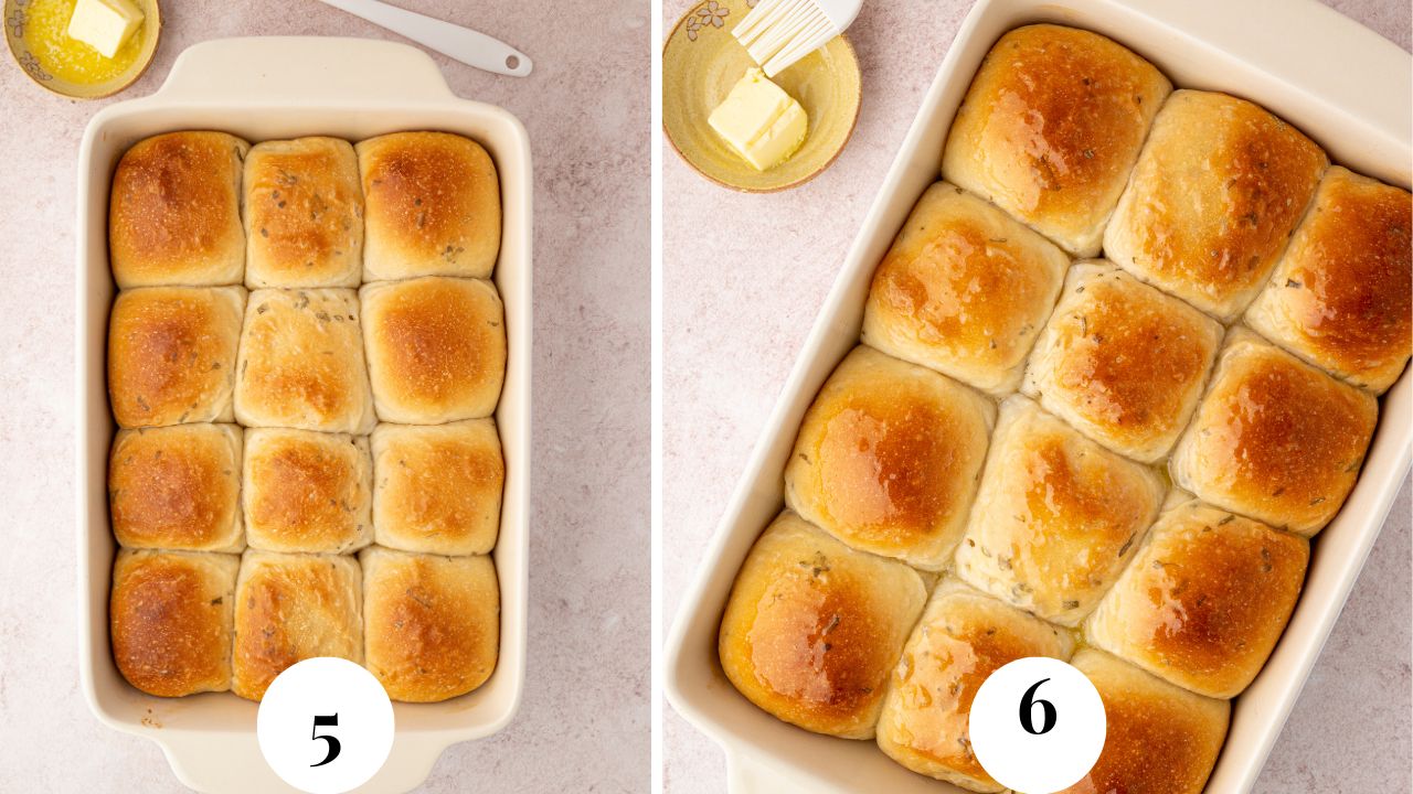 The finished baked slider buns are golden brown and brushed with melted butter.