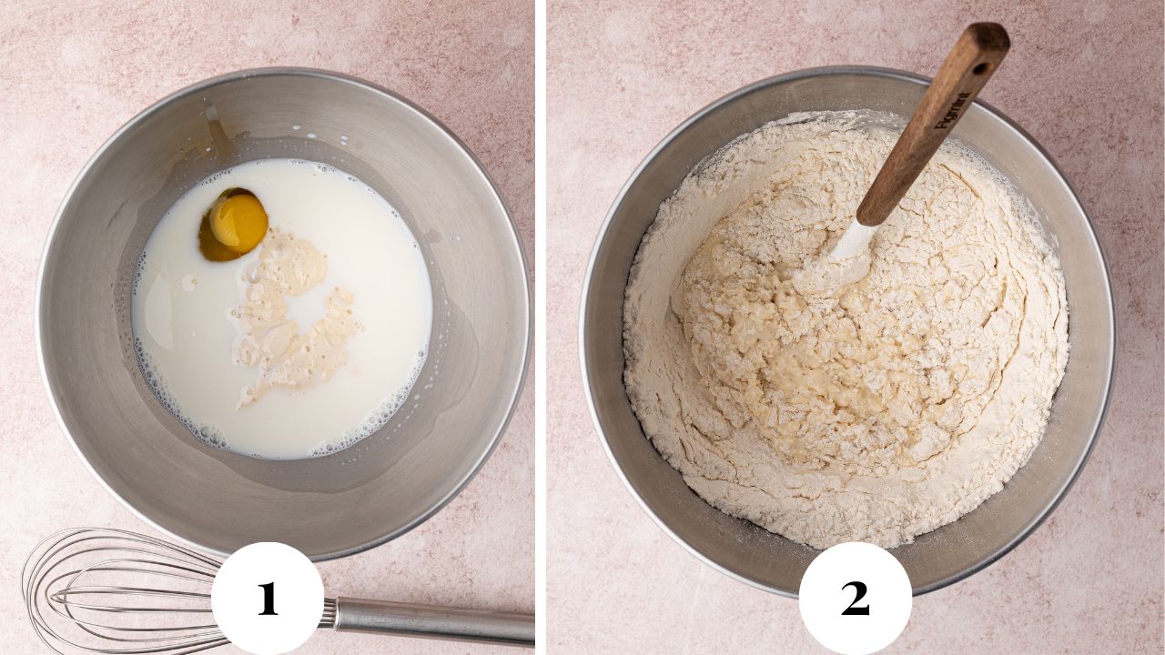 Sourdough slider bun ingredients being mixed in a large stainless steel bowl.