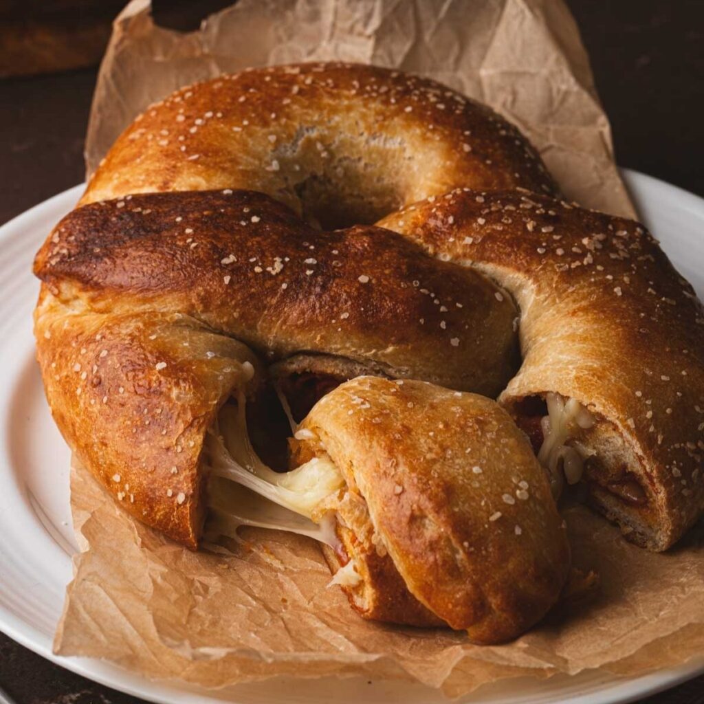 A giant stuffed sourdough pizza pretzel bread oozing pizza sauce and cheese.