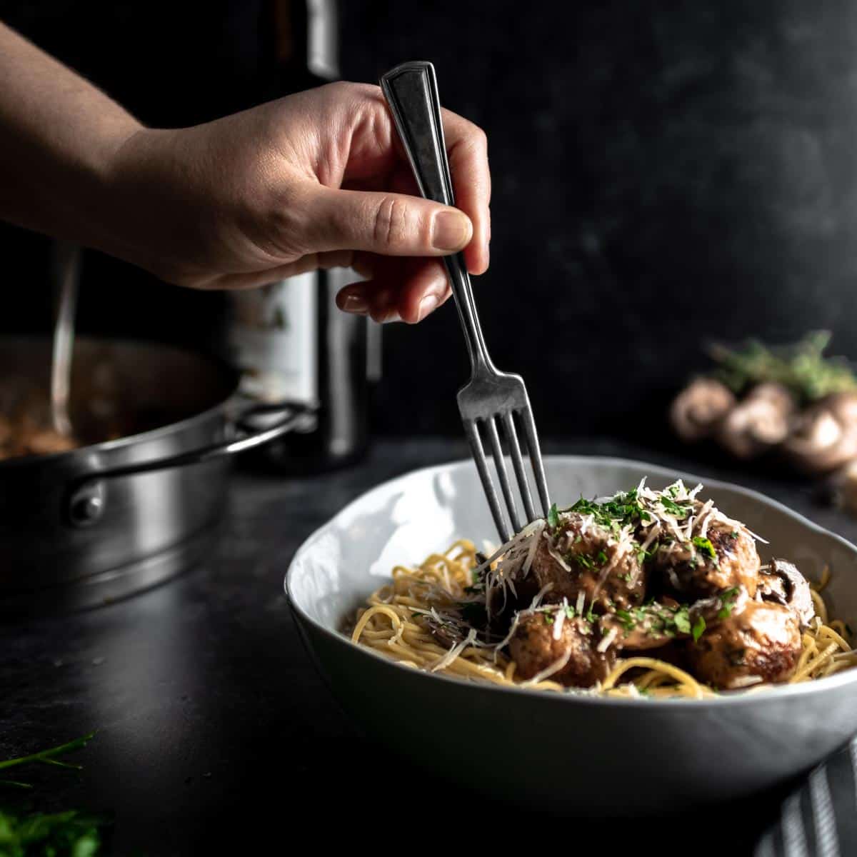 Saucy,creamy meatballs and pasta.