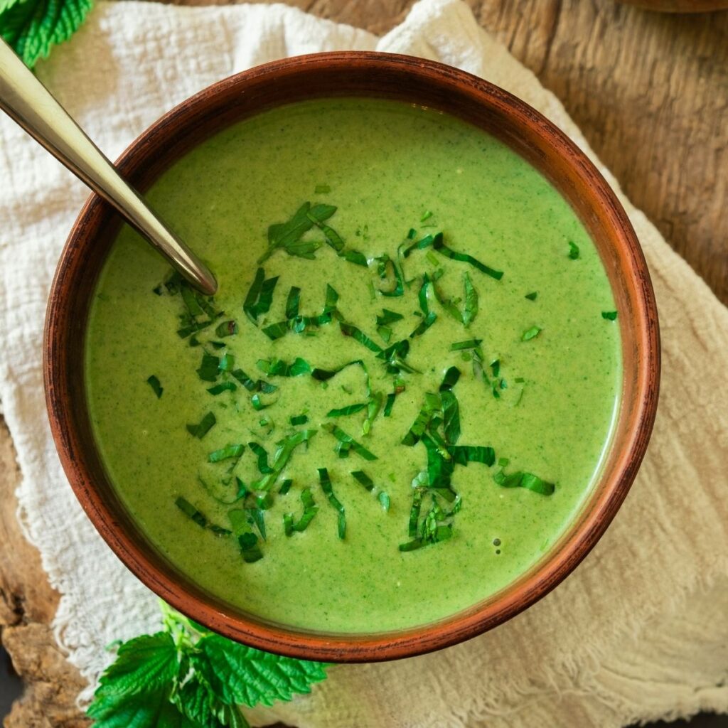 A bowl of bright green stinging nettle soup with bread on the side.