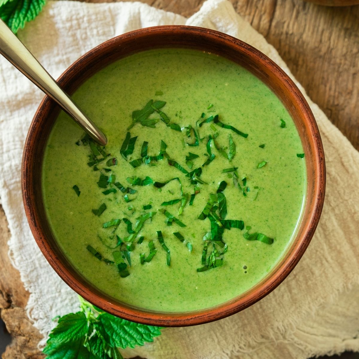 A bowl of bright green stinging nettle soup with bread on the side.