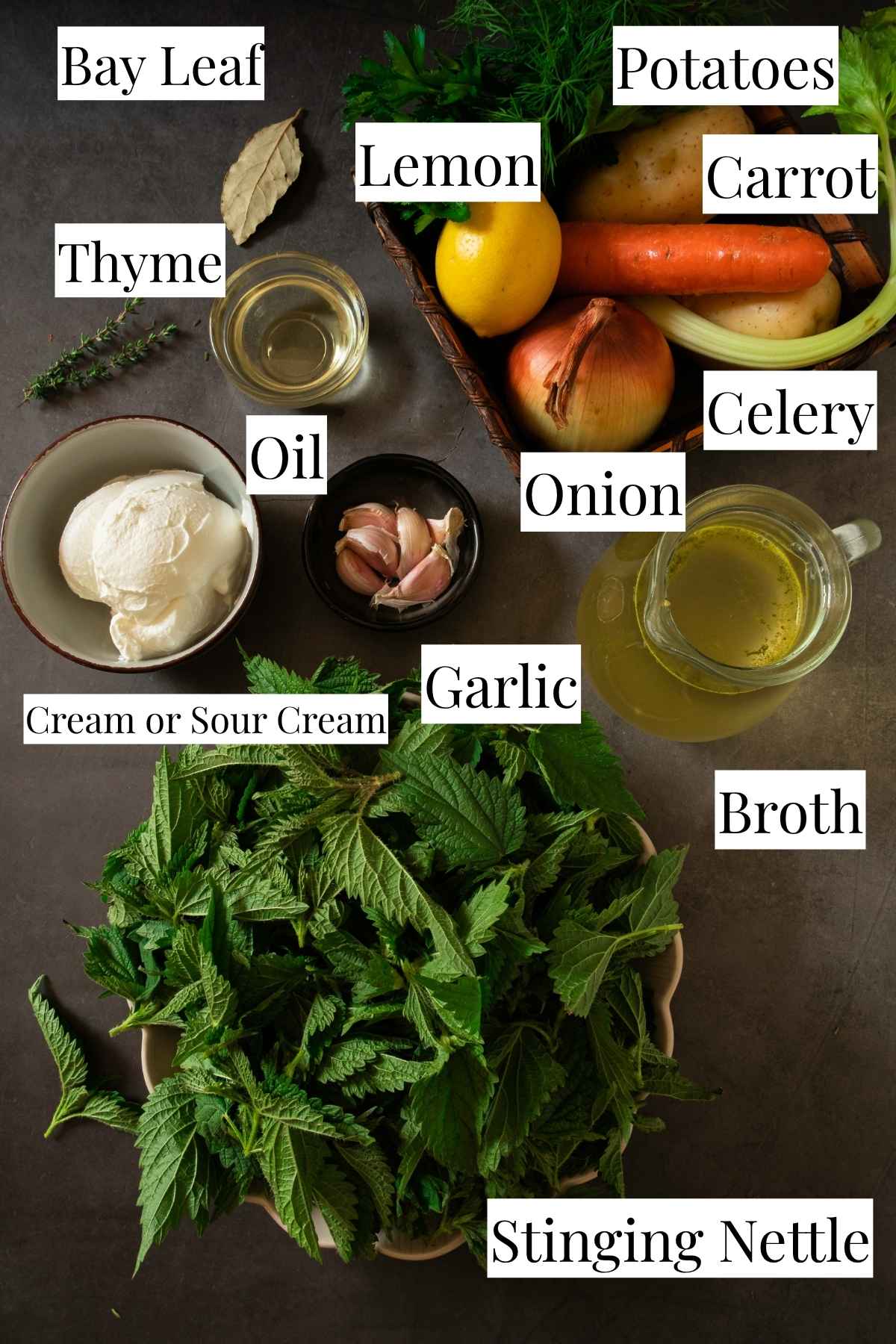 All of the ingredients laid out that are required to make this stinging nettle soup recipe.